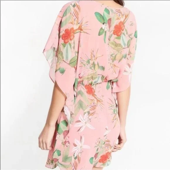 Express pink floral sheer chiffon cinched waist dress M - Picture 2 of 15